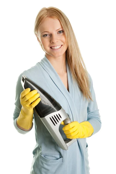 Cheerful Woman Handheld Vacuum Cleaner Isolated White — Stock Photo, Image