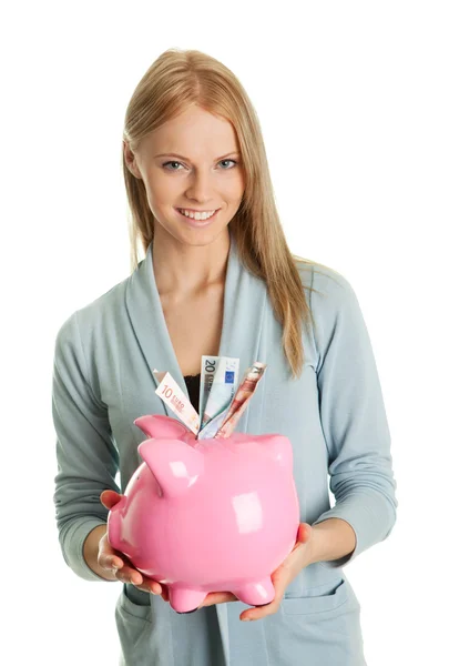Beautiful young woman saving money — Stock Photo, Image
