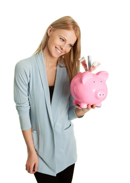 Mooie Vrouw Houdt Van Haar Persoonlijke Spaargelden Piggy Bank Geïsoleerd — Stockfoto