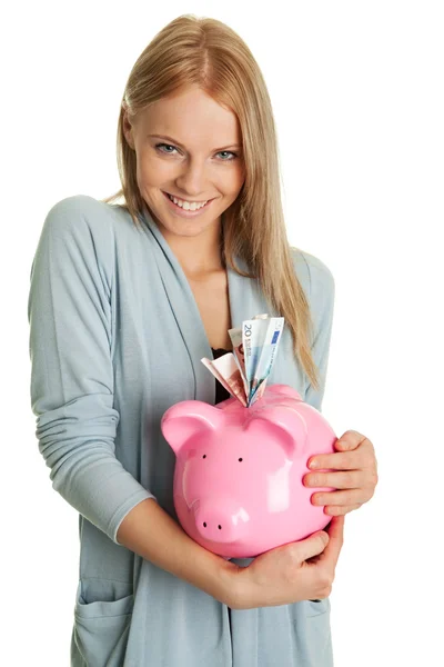 Mulher bonita economizando dinheiro — Fotografia de Stock