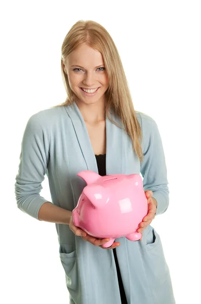 Schöne Frau Hält Ihre Persönlichen Ersparnisse Sparschwein Isoliert — Stockfoto
