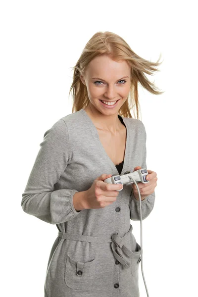 Beautilful Ung Kvinna Spelar Videospel Isolerad Vit — Stockfoto