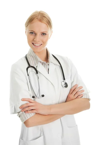Medico sorridente donna con stetoscopio Foto Stock