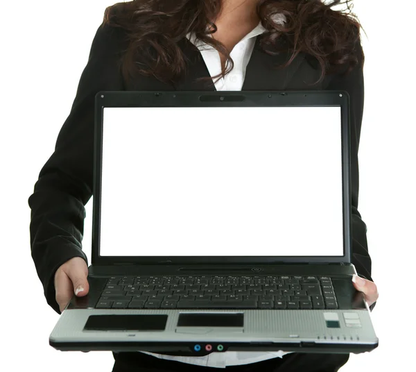 Donna d'affari che presenta laptopn — Foto Stock