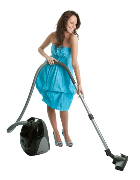 Cheerful woman with handheld vacuum cleaner — Stock Photo, Image