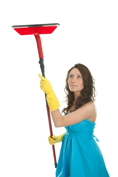 Cheerful woman cleaning window — Stock Photo, Image