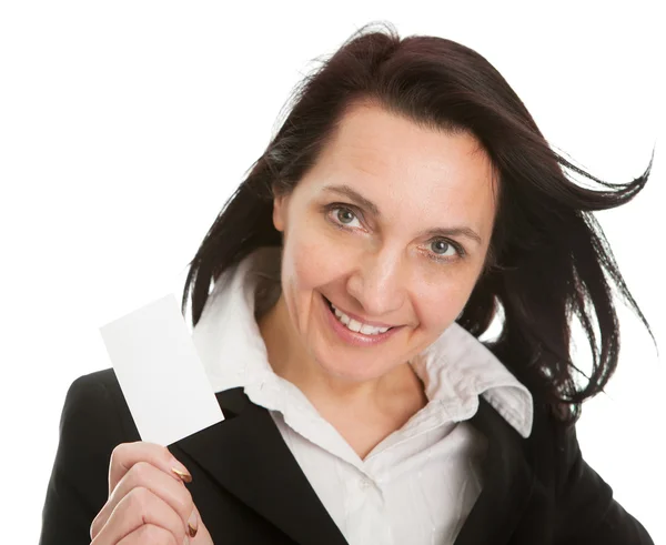 Businesswoman holding blank card — Stock Photo, Image