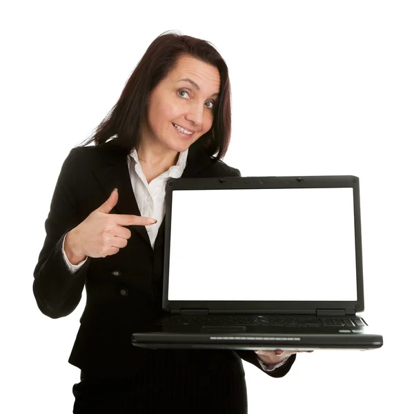 Γυναίκα των επιχειρήσεων παρουσιάζει laptopn — Φωτογραφία Αρχείου