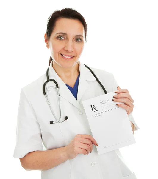 Cheerful medical doctor woman giving away prescription — Stock Photo, Image
