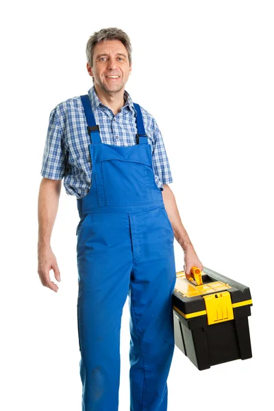 Uomo di servizio sicuro con cassetta degli attrezzi — Foto Stock