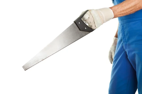 Close-up of worker cutting with saw — Stock Photo, Image