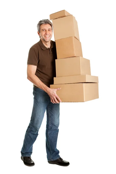 Entrega hombre llevando pila de cajas —  Fotos de Stock