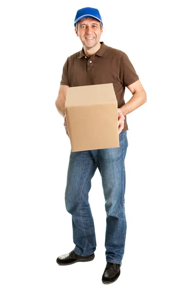 Consegna uomo contenente scatola del pacchetto — Foto Stock