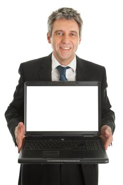 Business man presenting laptopn clipart