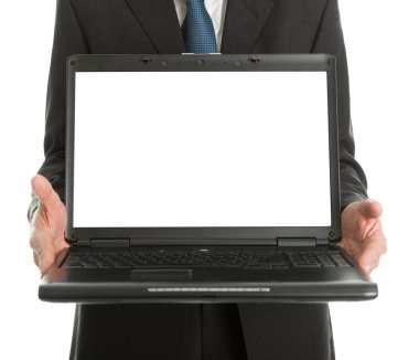 Close-up of business man presenting laptopn clipart