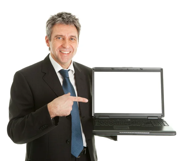 Homme d'affaires présentant laptopn — Photo