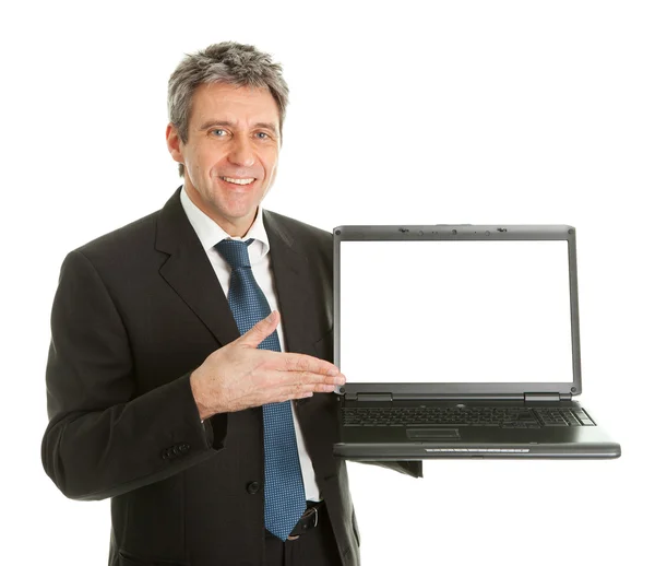 Uomo d'affari che presenta laptopn — Foto Stock