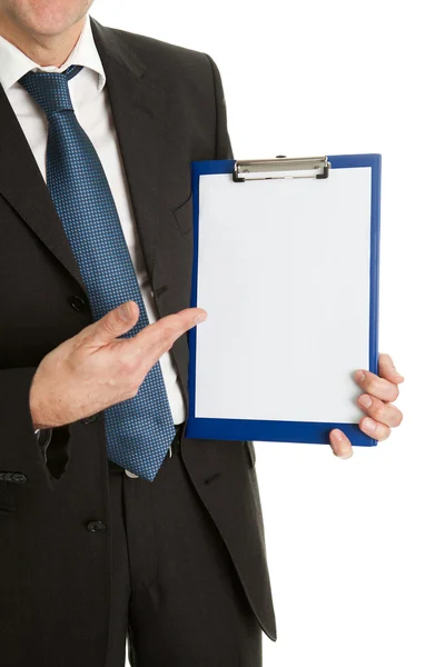 Confident businessmen presenting empty document — Stock Photo, Image