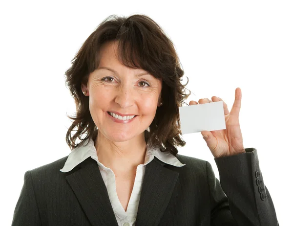 Empresária segurando cartão em branco — Fotografia de Stock