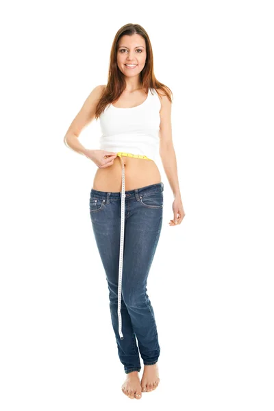 Mujer hermosa que mide la cintura — Foto de Stock