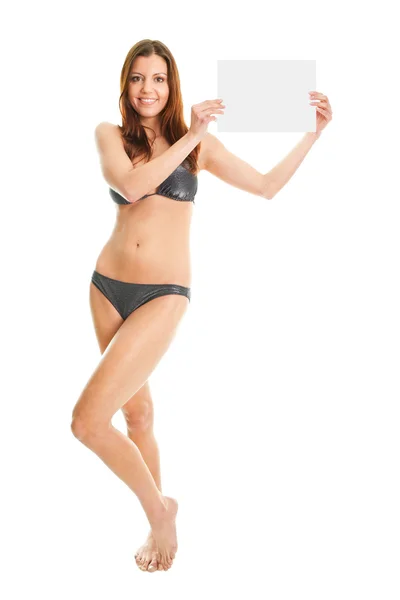 Menina sexy em biquíni fazendo um anúncio — Fotografia de Stock