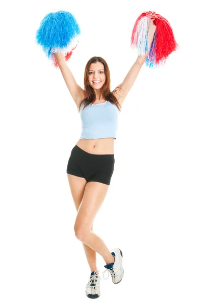 Smiling cheerleader girl posing with pom poms — Stock Photo, Image