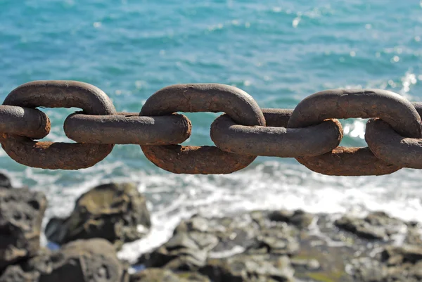 Stock image Closeup of the rusty chain on coastline