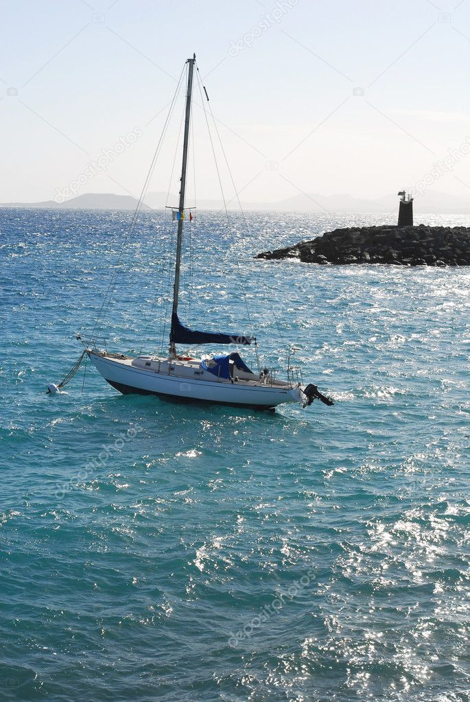 Yacht in blue ocean in Lanzarote,Canary islands,Spain