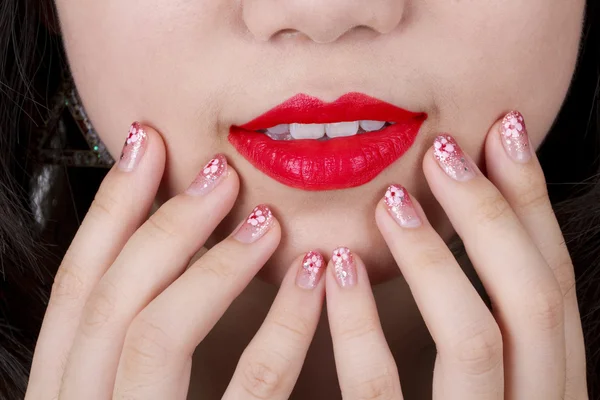 Beautiful Young Woman Red Lips Nail Art — Stock Photo, Image