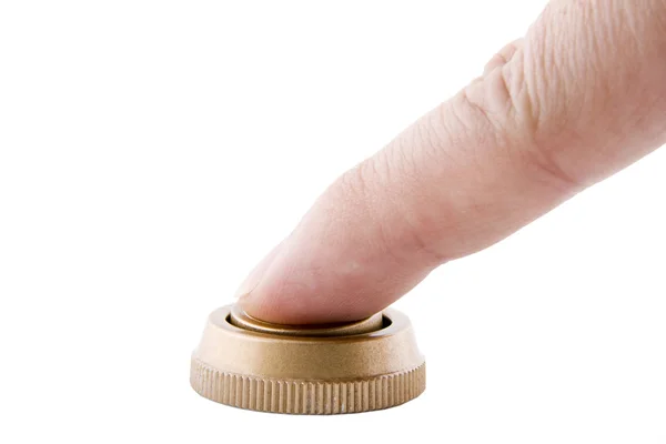 Палец Нажимая Кнопку Белом Фоне — стоковое фото