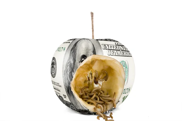 Worm comer maçã dólar dos EUA — Fotografia de Stock