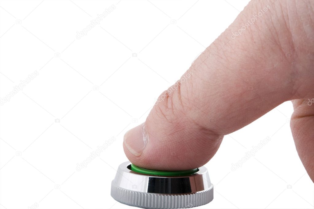 A finger pressing a button on white background