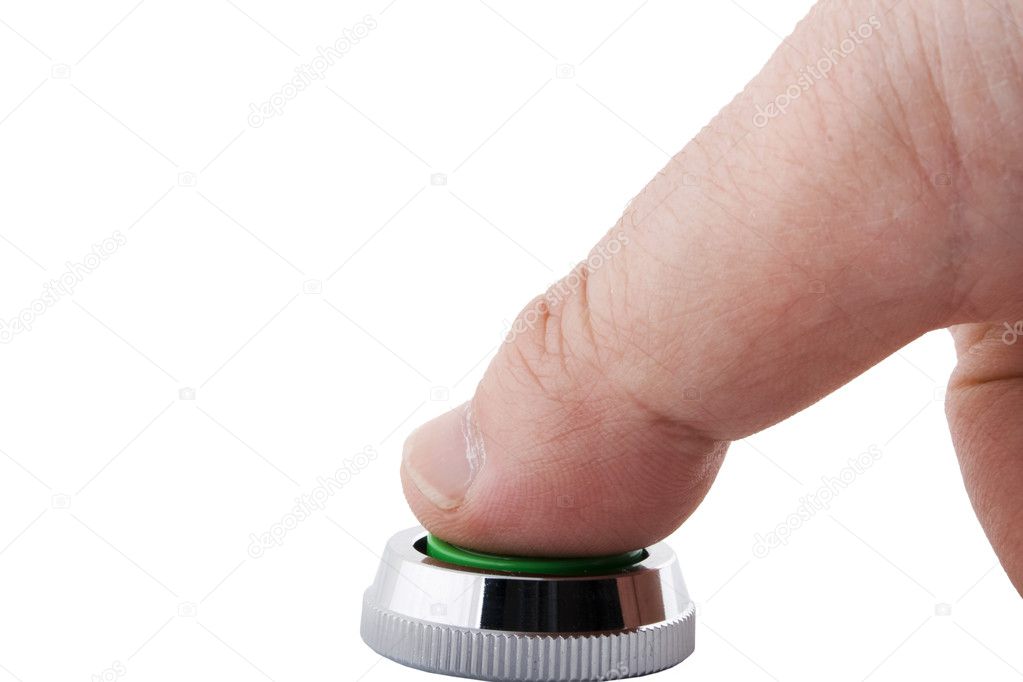 A finger pressing a button on white background