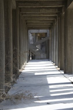 terk edilmiş binada bir koridor oluşturan sütunları ile