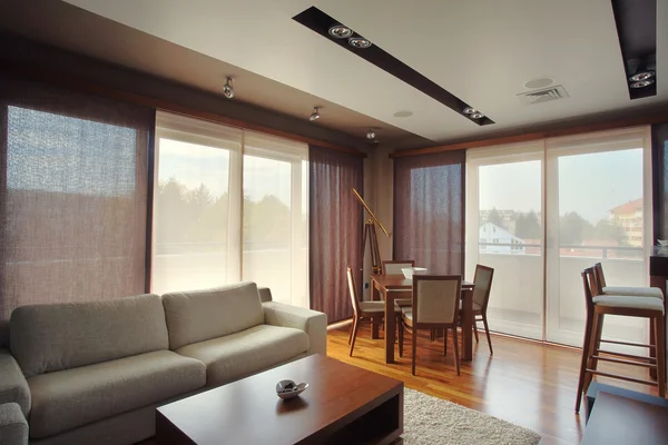 Interno Moderno Appartamento Con Mobili Fatti Mano Attrezzature Illuminazione — Foto Stock