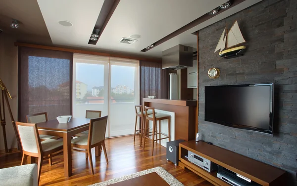 Interno Moderno Appartamento Con Mobili Fatti Mano Attrezzature Illuminazione — Foto Stock