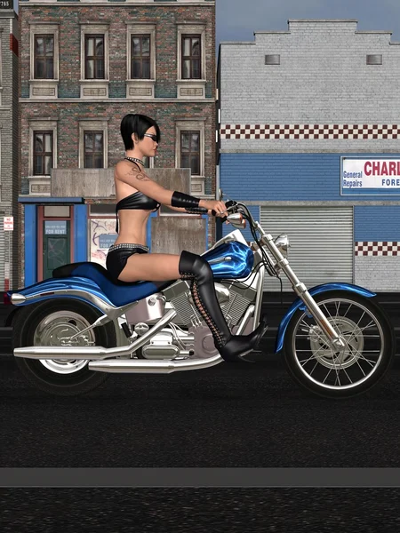 Sexy chica motorista y su bicicleta — Foto de Stock