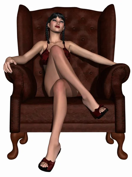 Seksi iç çamaşırı bir koltukta poz ile güzellik kız — Stok fotoğraf