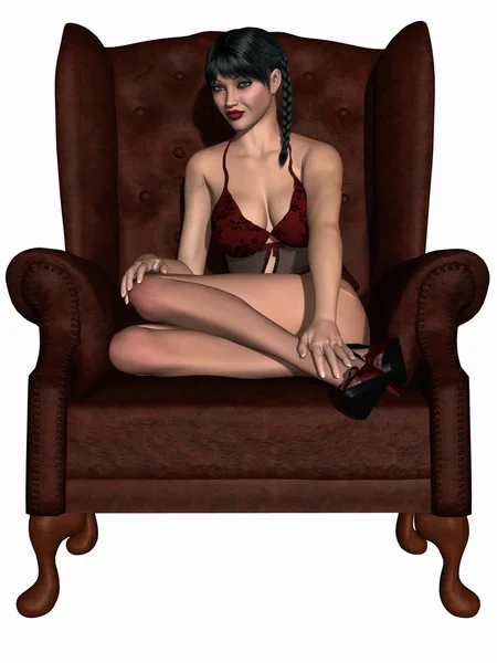 Chica de belleza con lencería sexy posando en un sillón — Foto de Stock