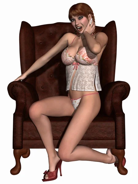 Piękna dziewczyna z seksowną bieliznę, pozowanie na fotel — Zdjęcie stockowe
