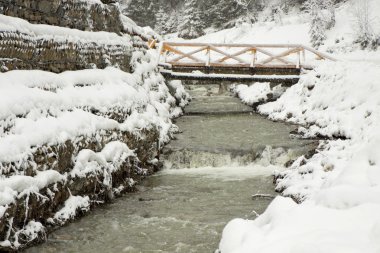 ahşap kar gidiş altında yakınındaki dağ Nehri Köprüsü