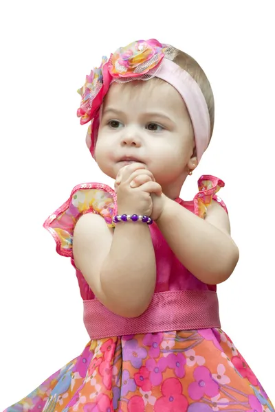 Дитина Красивій Сукні Коштує Комбінованими Руками Білому — стокове фото