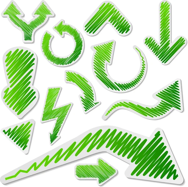 Ensemble de flèches vertes gravées . — Image vectorielle