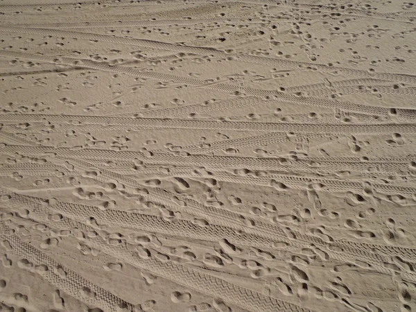 발 인쇄 및 타이어 트랙 모래 해변 — 스톡 사진