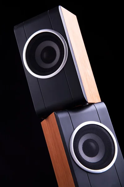 Two Computer Wood Speakers Dark Background — Stock Photo, Image