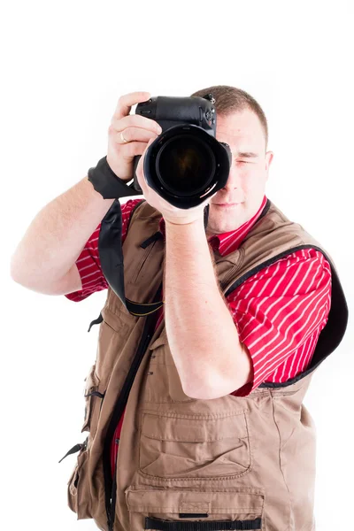 stock image Photographer with digital kamera and zoom lens on white background