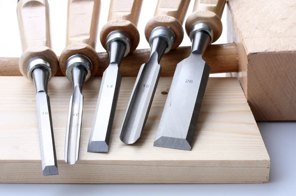 Hammer Set Chisels Wooden Plate — Stock Photo, Image