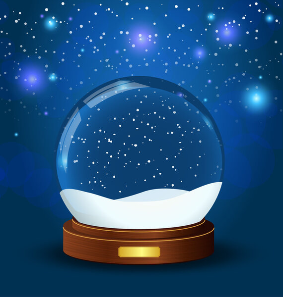 Realistic vector snow globe with wooden texture