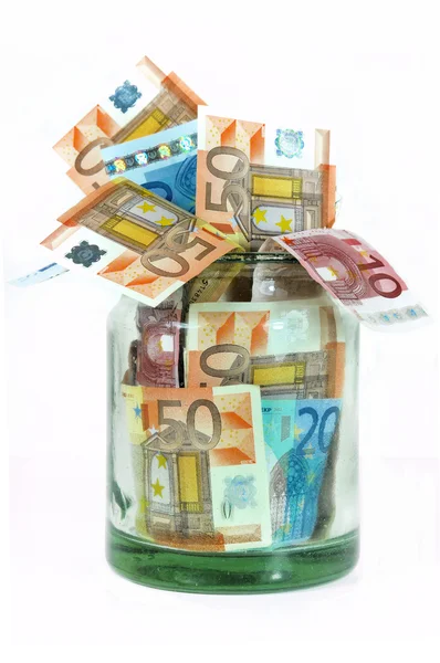Geldkrug mit Euro-Währung — Stockfoto