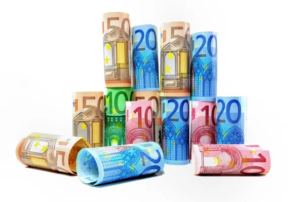 Pile Billets Enroulés Euros 100 Euros Sur Fond Blanc — Photo
